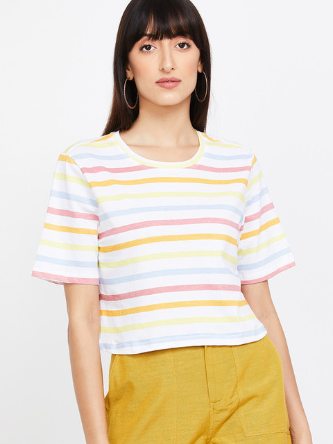 

Ginger by Lifestyle Women White & Pink Striped Boxy Top