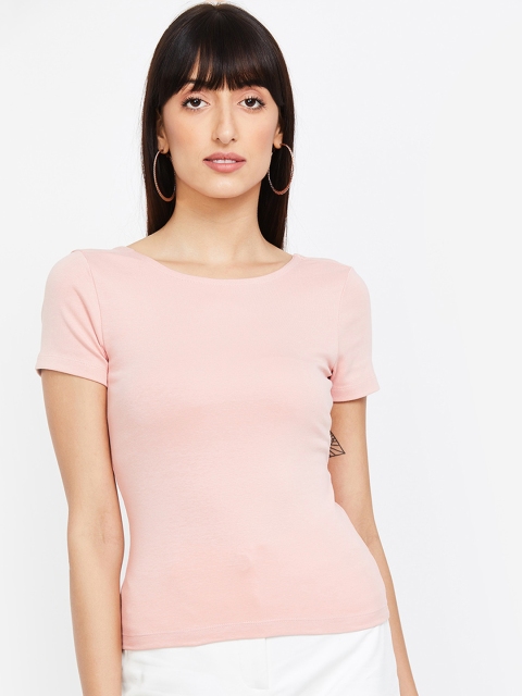 

Ginger by Lifestyle Women Pink Solid Fitted Pure Cotton Top