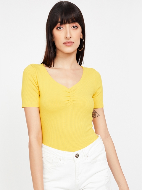 

Ginger by Lifestyle Women Yellow Solid Fitted Top