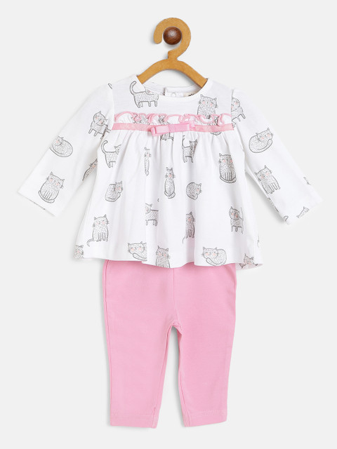 

TOFFY HOUSE Girls White & Pink Printed Top with Pyjamas