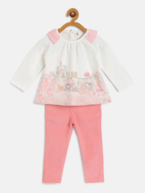

TOFFY HOUSE Girls White & Coral Pink Printed Top with Corduroy Trousers