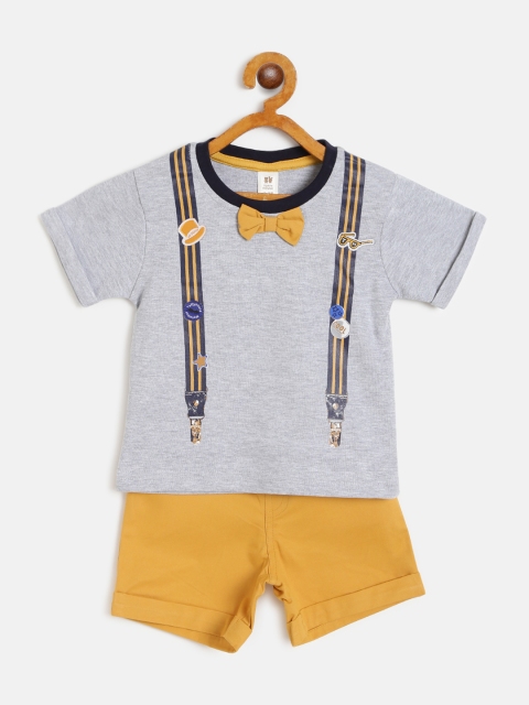 

TOFFY HOUSE Boys Grey Melange & Mustard Yellow Printed T-shirt with Shorts