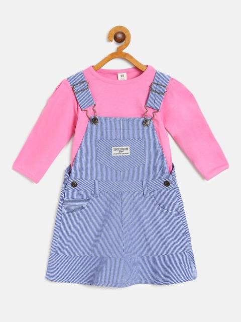 

TOFFY HOUSE Girls Blue & White Striped Pinafore Dress With T-Shirt