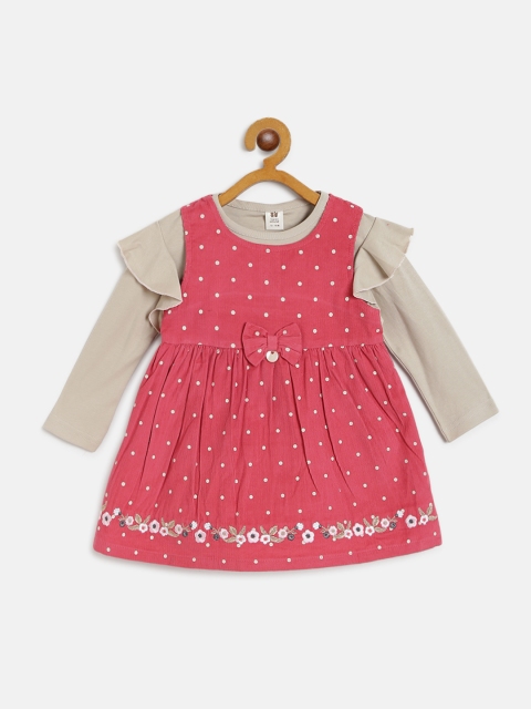

TOFFY HOUSE Girls Red & Beige Polka Dot Print Corduroy A-Line Dress with T-Shirt