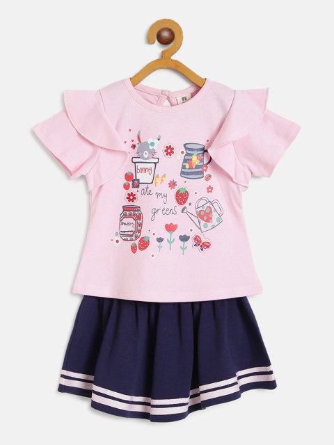 

TOFFY HOUSE Girls Pink & Navy Blue Printed Top with Skirt