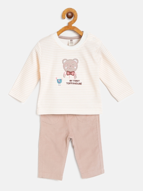 

TOFFY HOUSE Boys Peach-Coloured & White Striped T-shirt with Corduroy Trousers