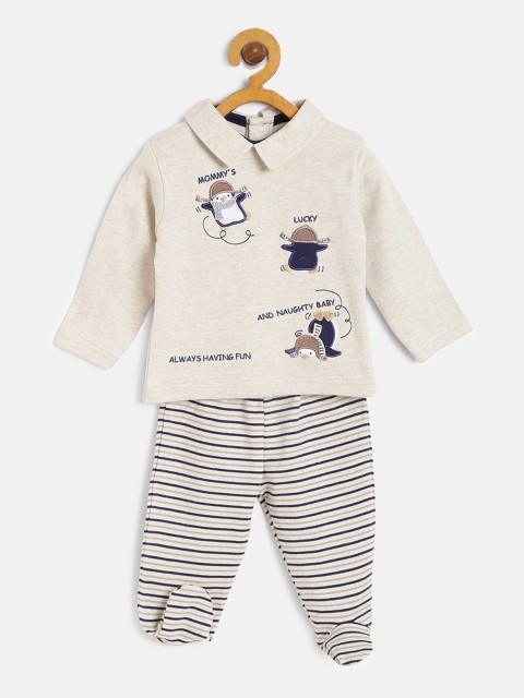 

TOFFY HOUSE Boys Beige & Navy Blue Applique T-shirt & Trousers With Attached Booties