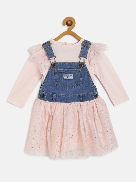 

TOFFY HOUSE Girls Peach-Coloured & Blue Printed Denim & Net Pinafore Dress with Top