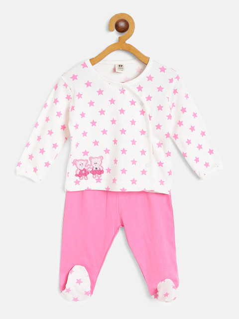 

TOFFY HOUSE Girls Pink & White Star Printed T-shirt & Leggings With Attached Booties