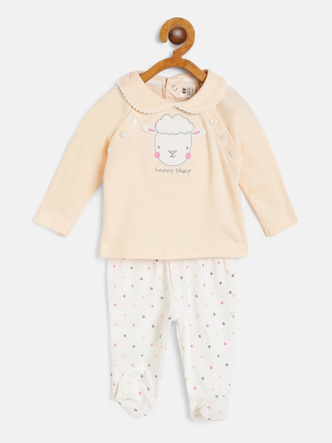 

TOFFY HOUSE Girls Peach-Coloured & White Applique Top & Leggings With Attached Booties
