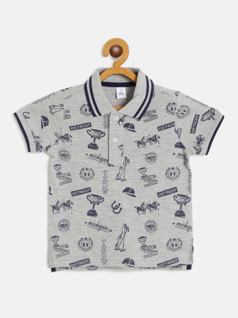 

TOFFY HOUSE Boys Grey Melange & Navy Printed Polo Collar T-shirt