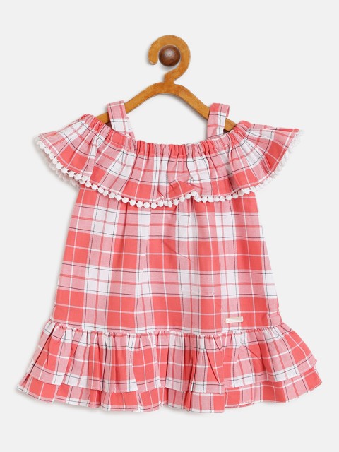 

TOFFY HOUSE Girls Coral Red & White Checked Tiered Off-Shoulder A-Line Dress