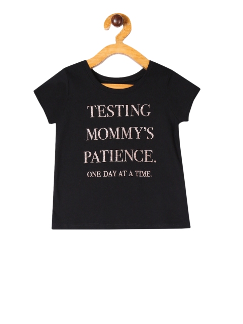 

The Childrens Place Girls Black Glitter Mommy's Patience Printed Round Neck T-shirt