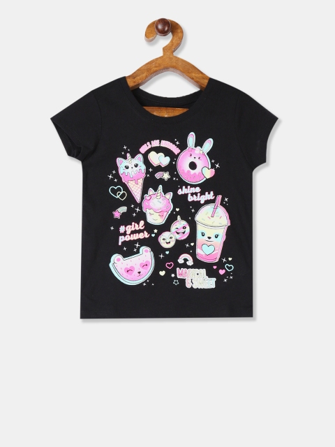 

The Childrens Place Girls Black Printed Round Neck Pure Cotton T-shirt