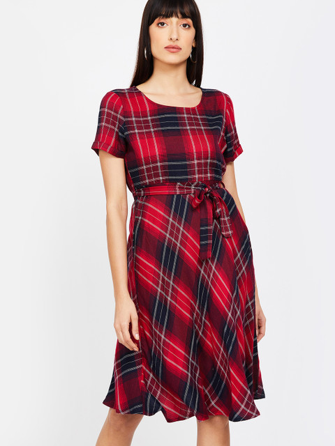 

CODE by Lifestyle Women Red Checked Fit and Flare Dress