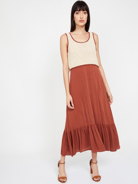 

CODE by Lifestyle Women Rust Red & Cream-Coloured Self Design Fit and Flare Dress