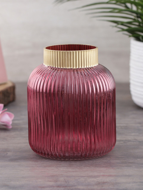 

Pure Home and Living Rose Pink & Gold-Toned Textured Cylindrical Glass Flower Vase
