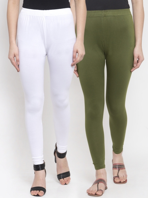 

TAG 7 Women White & Olive Green Pack Of 2 Solid Churidar-Length Leggings
