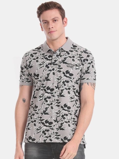 

Ed Hardy Men Grey Floral Print Polo Collar Pure Cotton T-shirt