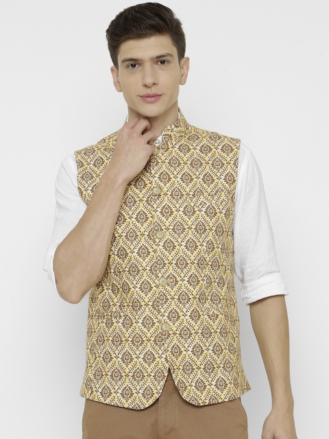 

CAVALLO by Linen Club Men Brown & Yellow Digital Printed Woven Nehru Jacket