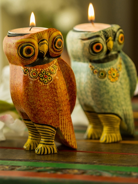 

ExclusiveLane Handmade & Hand-Painted Owl Tea-Light Holder Set In Wood, Multi