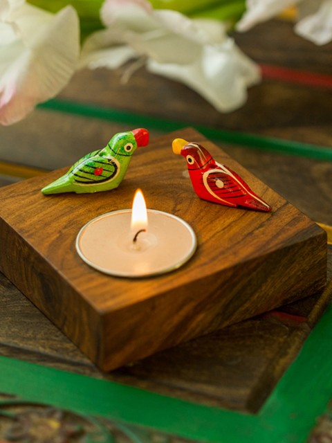 

ExclusiveLane Brown & Red Hand-Painted Parrots Sheesham Wood Tea-Light Candle Holder