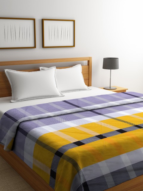 

DREAM WEAVERZ Grey & Yellow Checked AC Room 120 GSM Reversible Double Bed Comforter