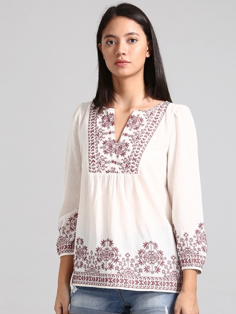 

GAP Women White & Pink Embroidered Top