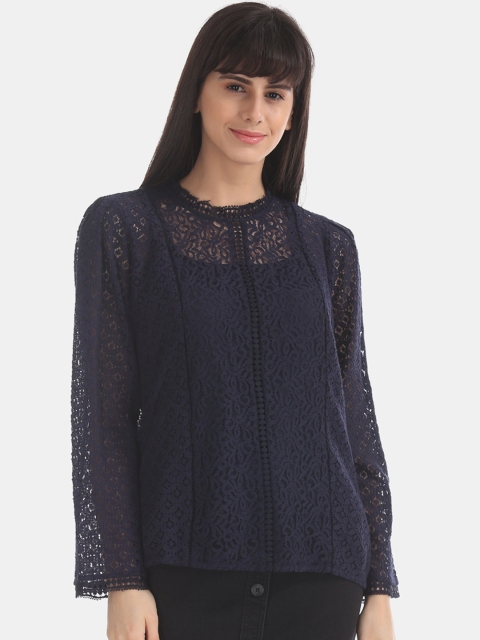 

GAP Women Navy Blue Self Design Lace Pure Cotton Top