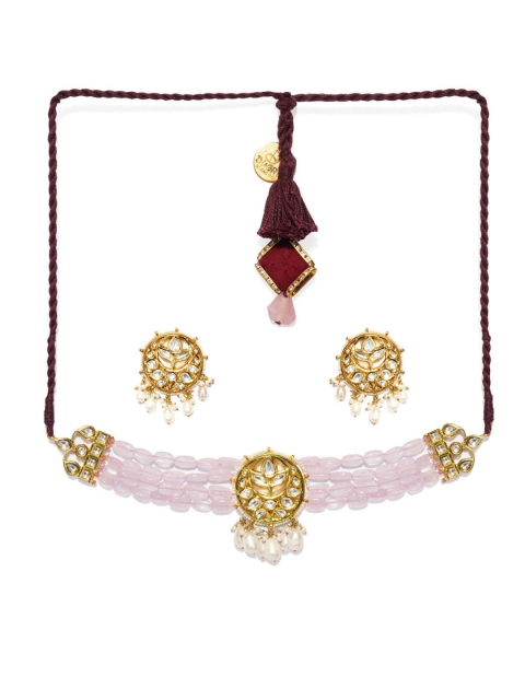 

DUGRISTYLE Gold-Plated Pink & Off-White Kundan-Studded Beaded Handcrafted Jewellery Set