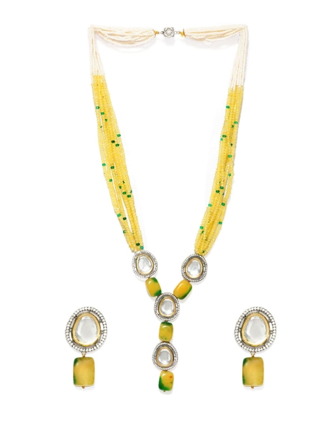 

DUGRISTYLE Rhodium-Plated Silver-Toned & Yellow Precious-Stone & Polki-Studded Beaded Handcrafted Jewellery Set