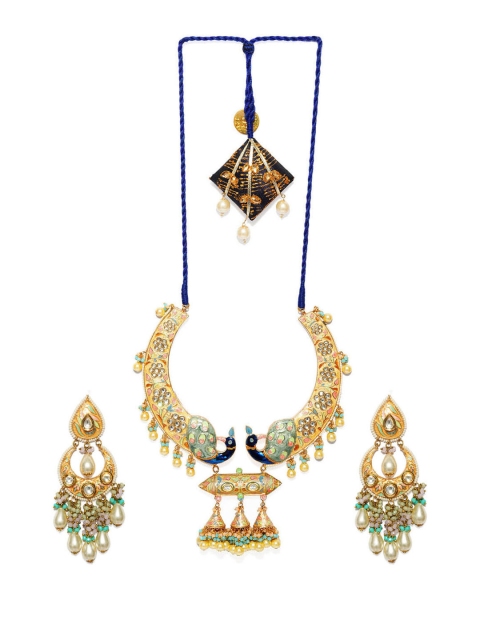 

DUGRISTYLE Gold-Plated Off-White & Green Handcrafted Kundan-Studded Beaded Jewellery Set