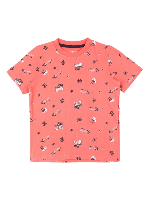

Pantaloons Junior Boys Coral Pink Printed Round Neck Pure Cotton T-shirt