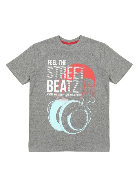 

Pantaloons Junior Boys Grey Printed Round Neck Pure Cotton T-shirt