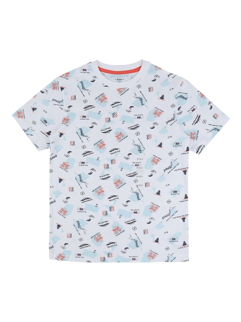 

Pantaloons Junior Boys White Turquoise Blue Printed Round Neck Pure Cotton T-shirt