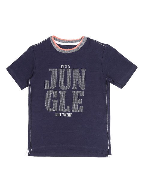 

Pantaloons Junior Boys Navy Blue Self Design Round Neck Pure Cotton T-shirt