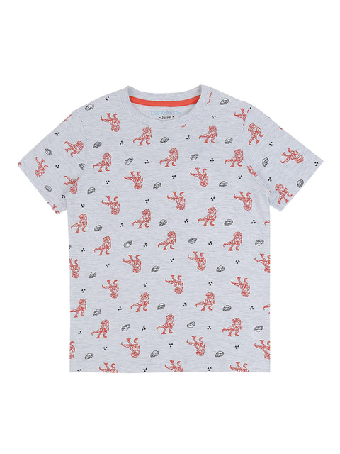 

Pantaloons Junior Boys Grey & Red Dinosaur Printed Round Neck T-shirt