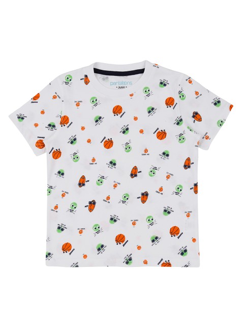

Pantaloons Junior Boys White Red Printed Round Neck Pure Cotton T-shirt