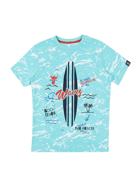 

Pantaloons Junior Boys Turquoise Blue Printed Round Neck Pure Cotton T-shirt