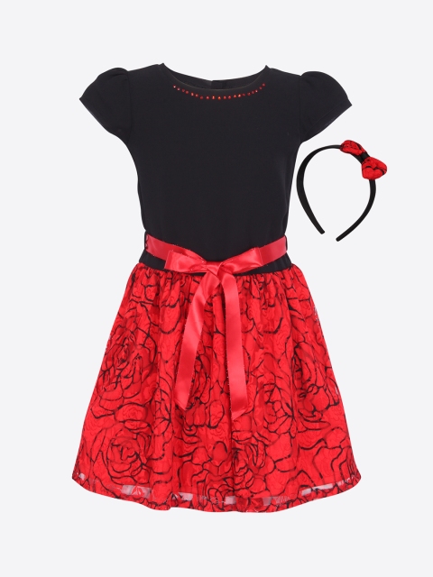 

CUTECUMBER Girls Black & Red Self Design Fit and Flare Dress