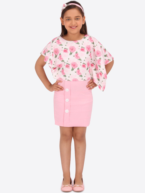 

CUTECUMBER Girls Pink Floral Print Sheath Dress with Hairband