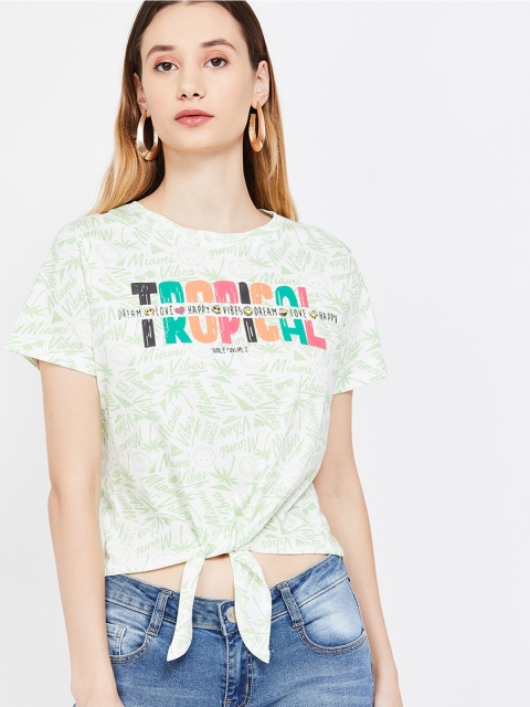 

Smiley World Women Lime Green Tropical Print Round Neck T-shirt