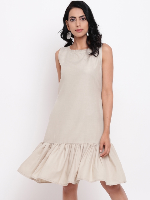 

trueBrowns Women Cream-Coloured Solid Drop-Waist Dress