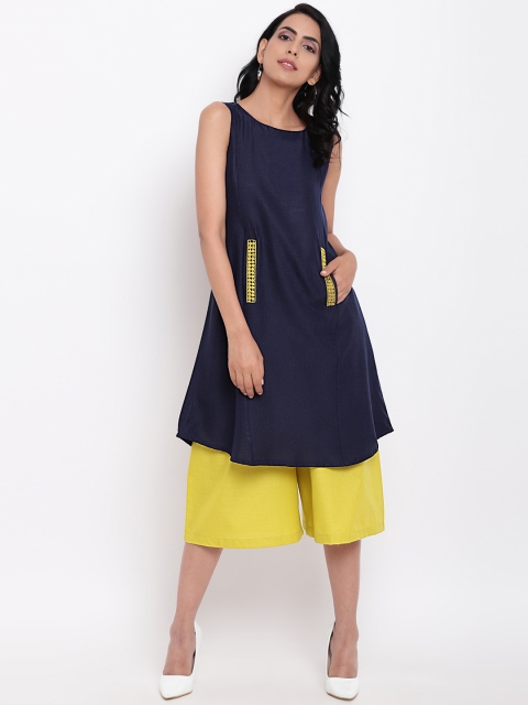 

trueBrowns Women Navy Blue & Yellow Solid Kurta with Trousers