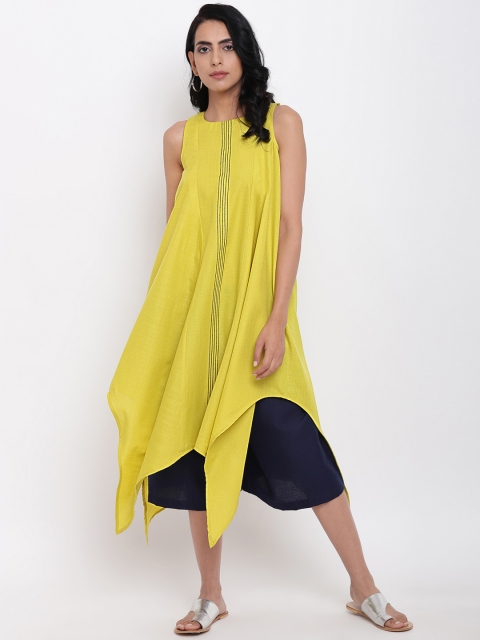 

trueBrowns Women Lime Green & Navy Blue Striped Kurta with Trousers
