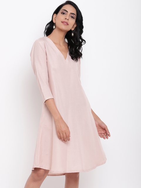 

trueBrowns Women Peach Solid A-Line Linen Dress