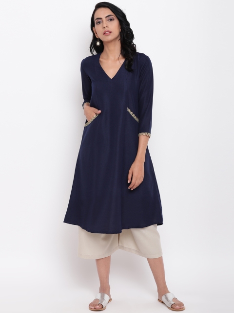 

trueBrowns Women Navy Blue & Cream Solid Linen Kurti with Palazzos