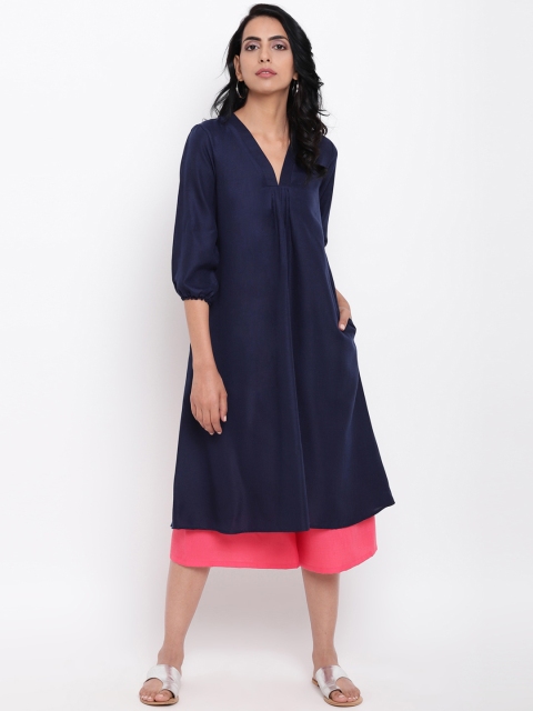 

trueBrowns Women Navy Blue & Pink Solid Linen Kurti with Palazzos