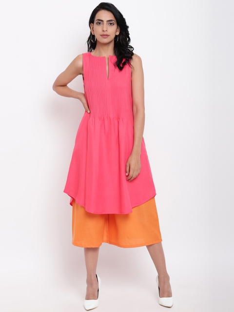 

trueBrowns Women Pink & Orange Solid Linen Kurti with Palazzos