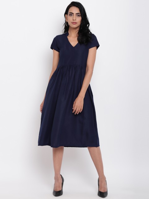 

trueBrowns Women Navy Blue Solid Fit and Flare Dress